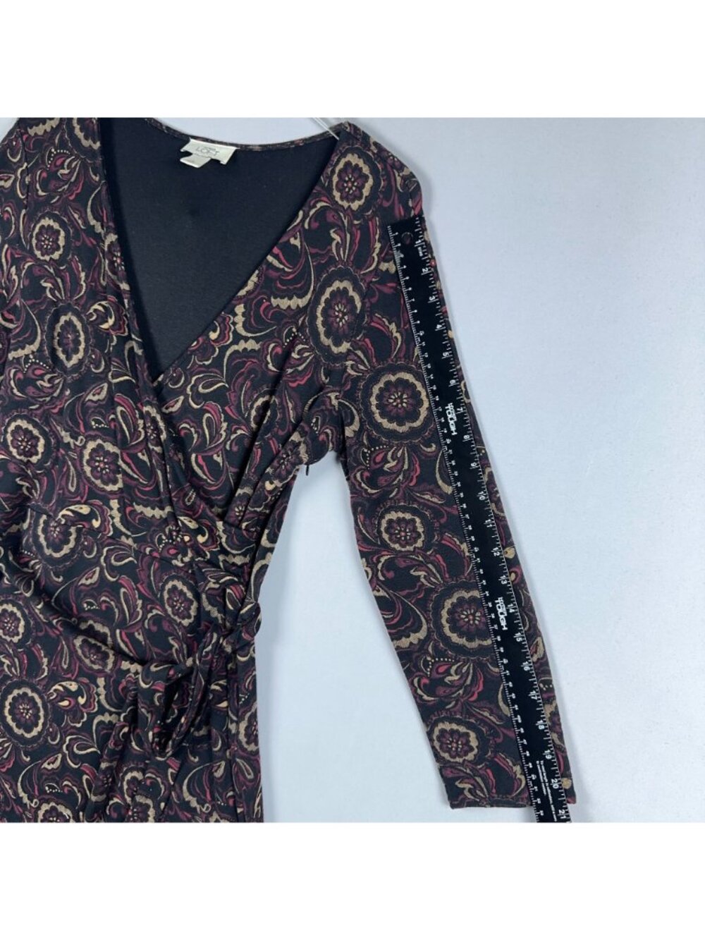 Ann Taylor Loft Wrap Dress Size 8 Floral Print Black Burgundy 3/4 Sleeve Tie Wai - Picture 9 of 11